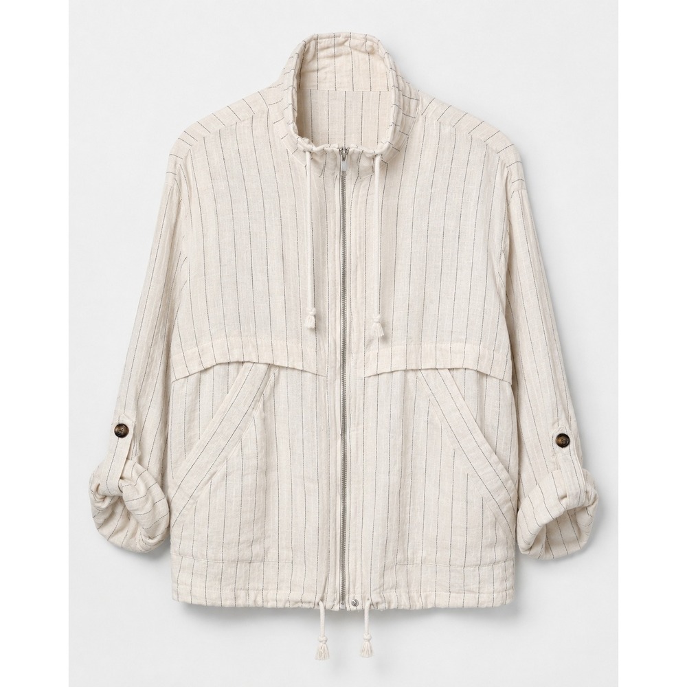 Tribal Linen Blend Utility Jacket Womens XS Cream Black Pinstripe Drawstring